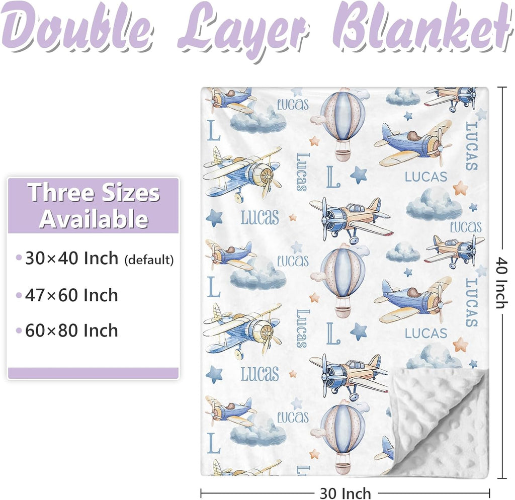 Personalized Baby Crib Bedding Set, 5 Pcs Custom Name Nursery Bedding Set for Girls Boys, Blue Plane Baby Crib Set for Toddlers Infants, Double Layer Bedding Crib Sets Customized Gifts