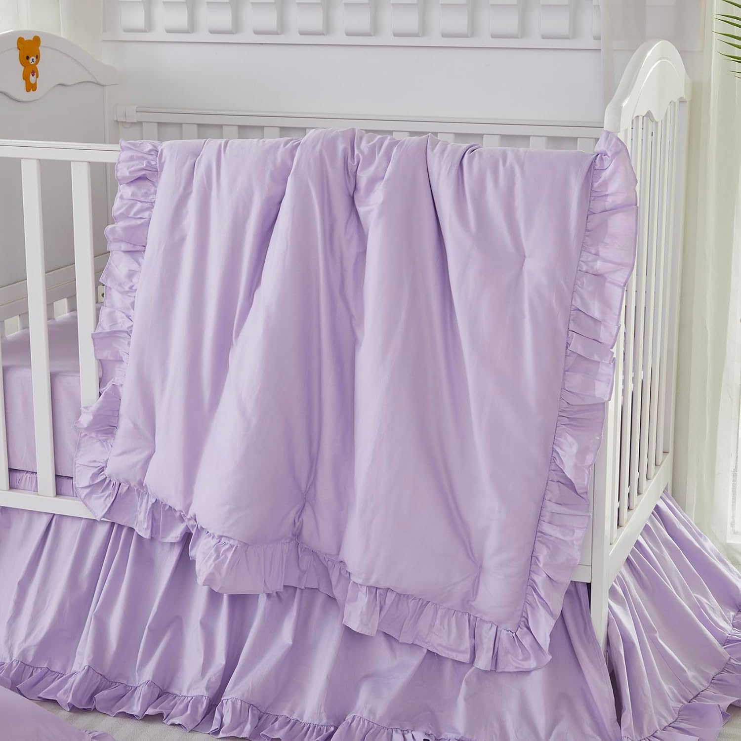 Brandream Farmhouse Crib Bedding Sets for Girls | 3 Piece Boho Chic Nursery Set Purple Baby Comforter, Fitted Crib Sheet, Crib Skirt Included, 100% Percale Cotton