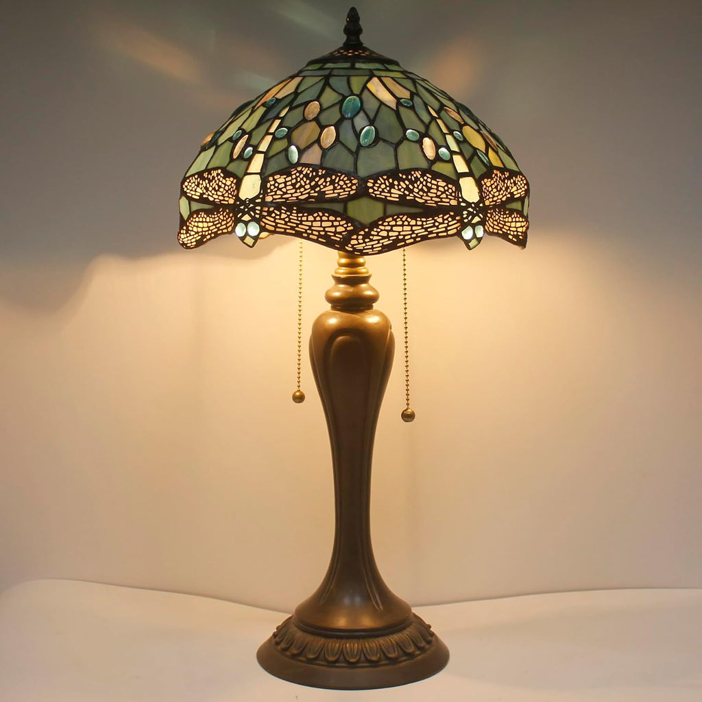 WERFACTORY Tiffany Table Lamp Sea Blue Stained Glass Dragonfly Style Bedside Lamp Desk Reading Light 12X12X22 Inches Decor Bedroom Living Room Home Office S147 Series