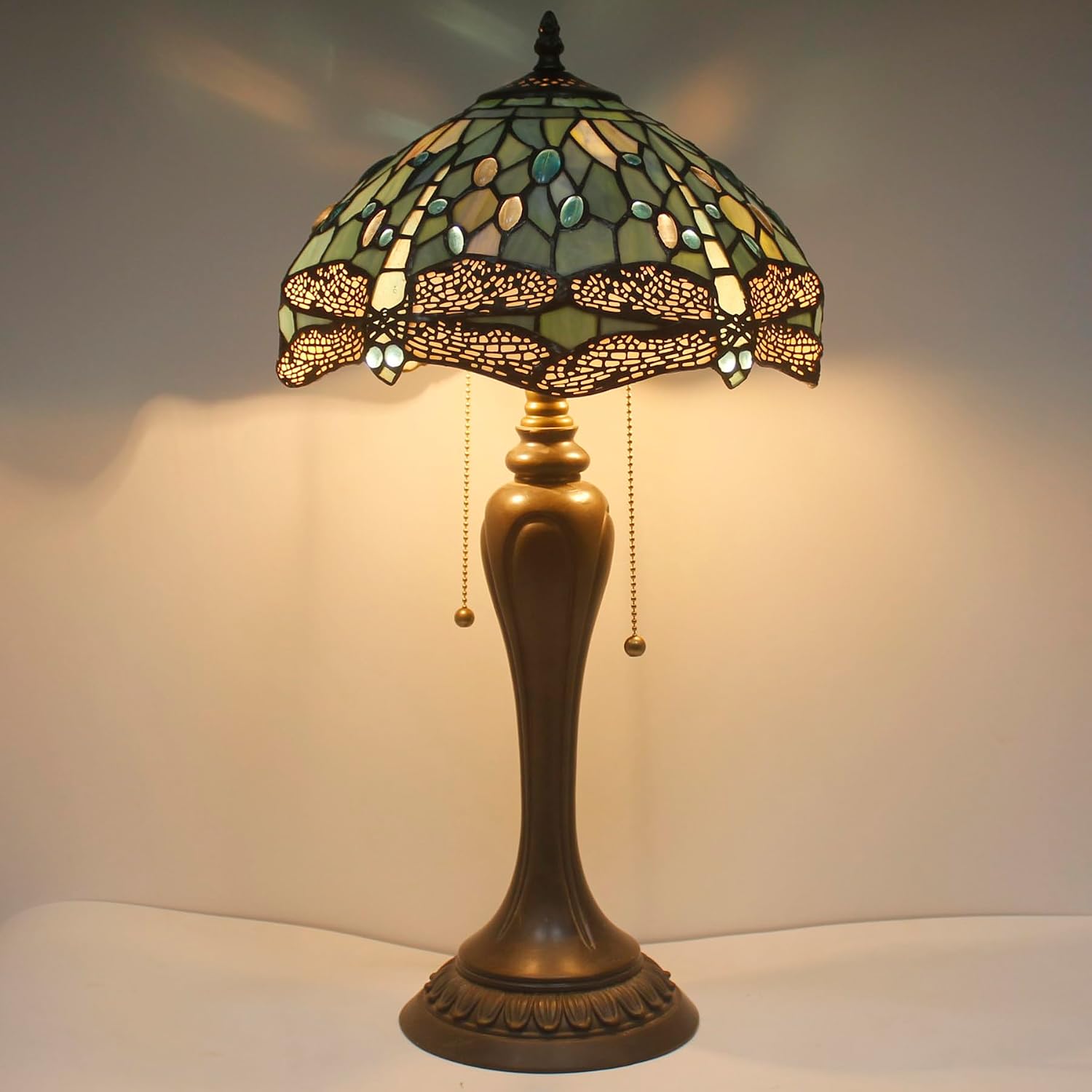 WERFACTORY Tiffany Table Lamp Sea Blue Stained Glass Dragonfly Style Bedside Lamp Desk Reading Light 12X12X22 Inches Decor Bedroom Living Room Home Office S147 Series