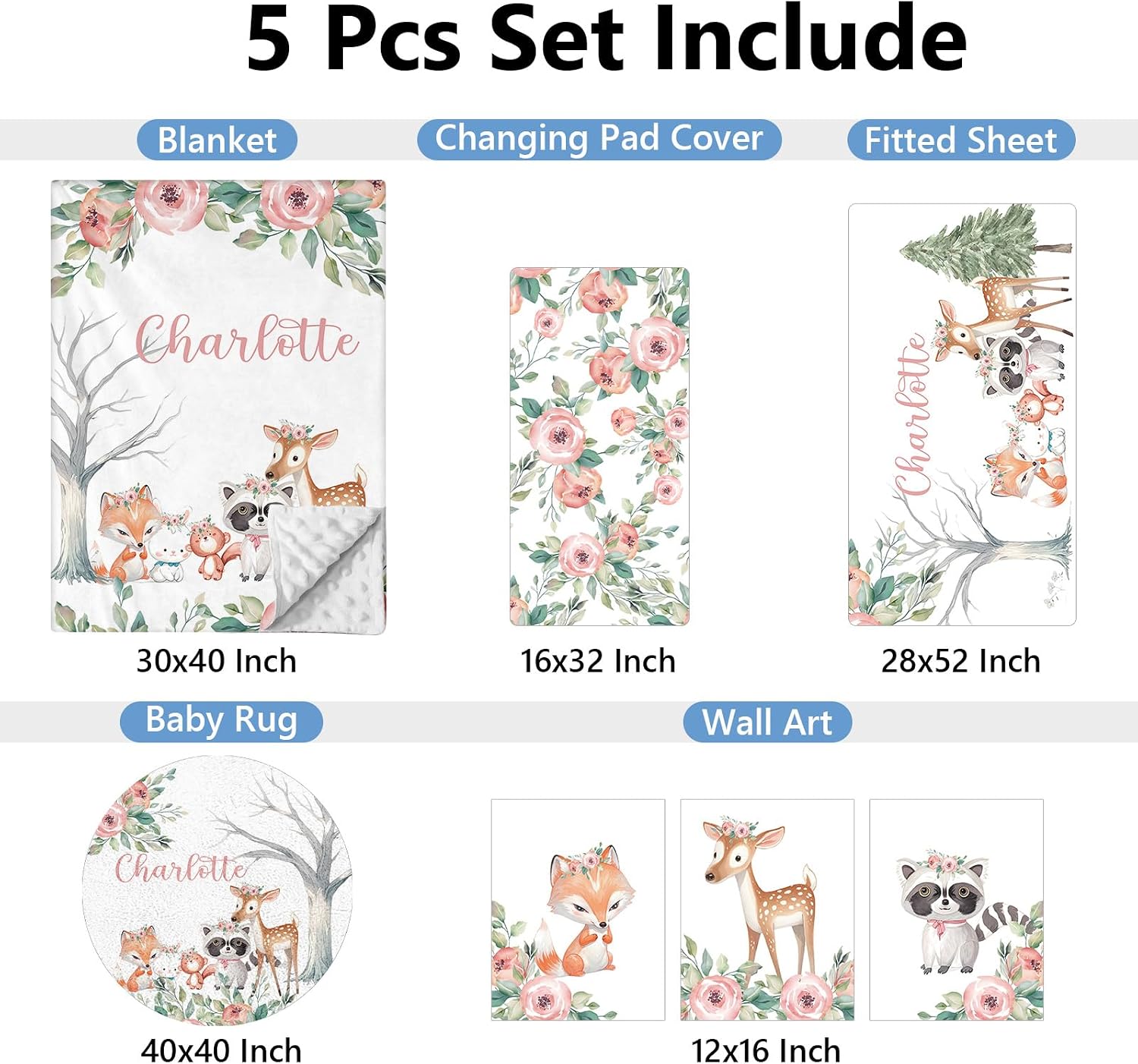 KAINSY Custom Crib Bedding Set 5 Piece for Girls Boys – Personalized Floral Animals Theme, Newborn Sleep Set, Nursery Decor, Toddler Room Essentials, Infant Sleep, Baby Room Accessories, Baby Gift
