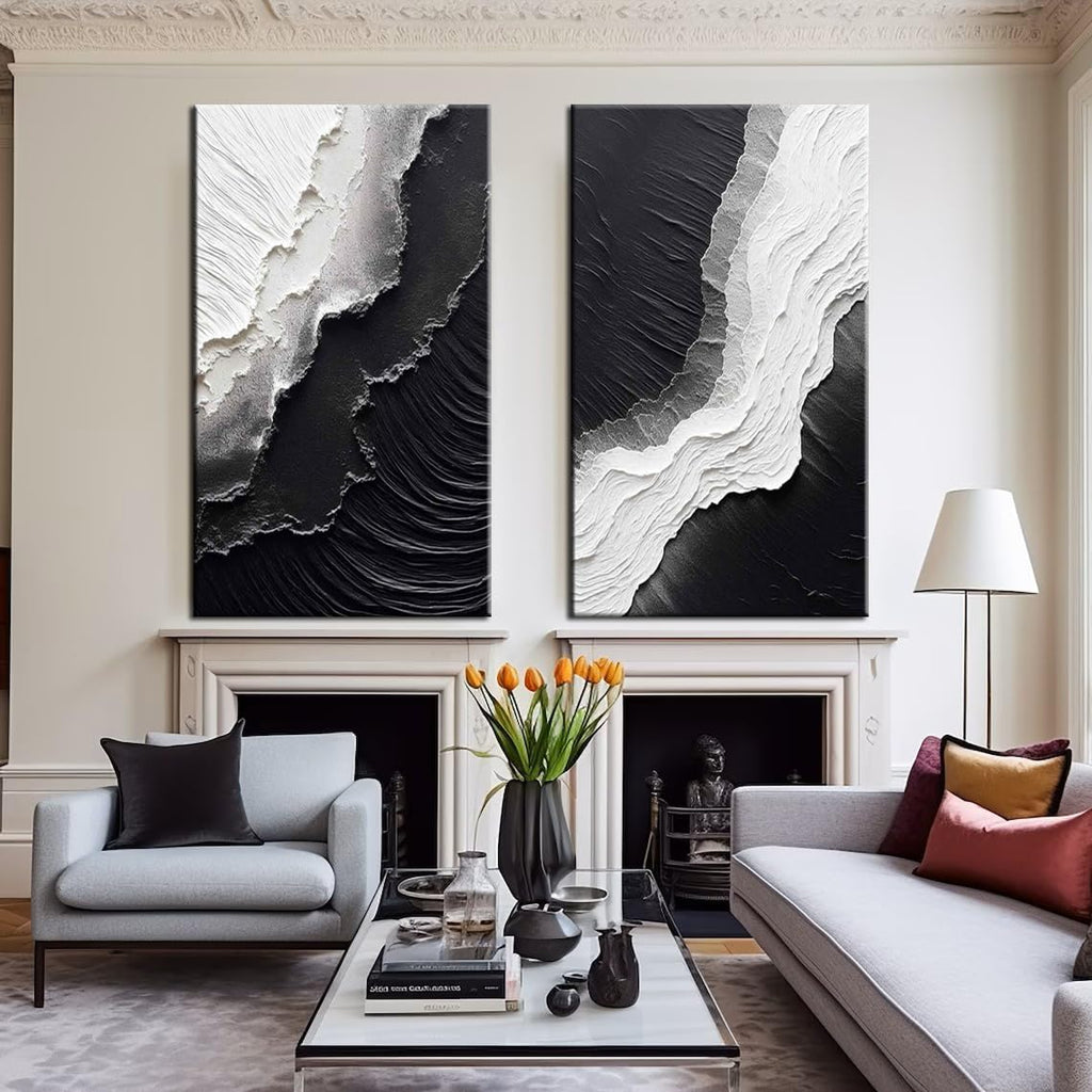 YaSheng Art - Vertical Wall Art Texture Abstract Oil Painting ,Hand Painted sea wave Black and White Wall Art Minimalist modern Art Paintings,, Home Living room Room Dining Room Bedroom Wall Decorative Art Oil Painting 24x48inch