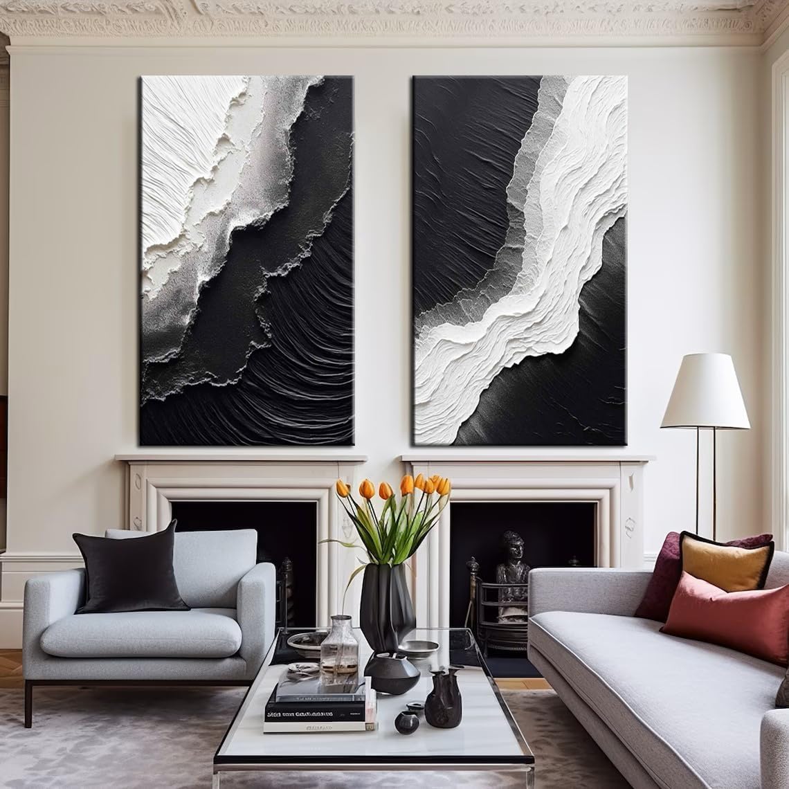 YaSheng Art - Vertical Wall Art Texture Abstract Oil Painting ,Hand Painted sea wave Black and White Wall Art Minimalist modern Art Paintings,, Home Living room Room Dining Room Bedroom Wall Decorative Art Oil Painting 24x48inch