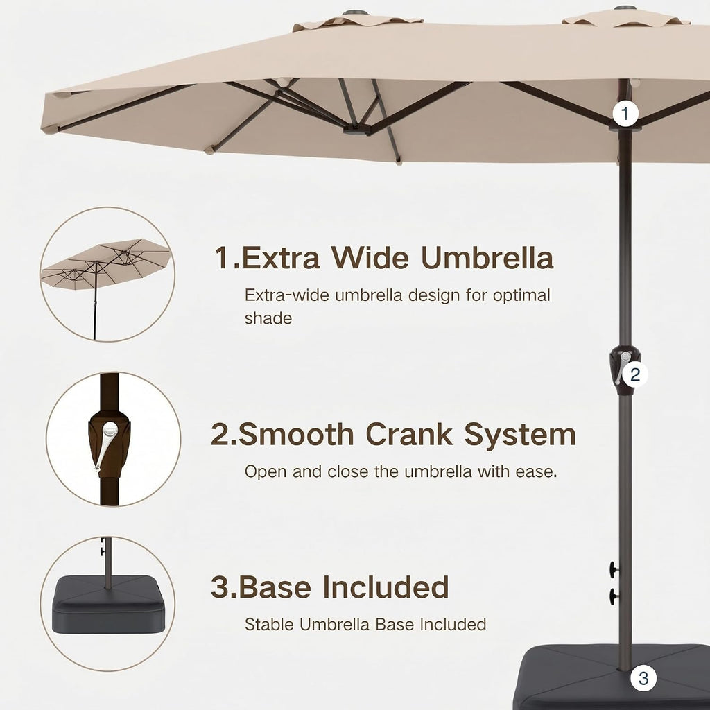 Kingdura 15ft Large Patio Umbrella with Base Included, Double-Sided Rectangle Outdoor Table Umbrella with 12 Reinforced Ribs, Crank Lift for Market Pool Deck Backyard, Beige