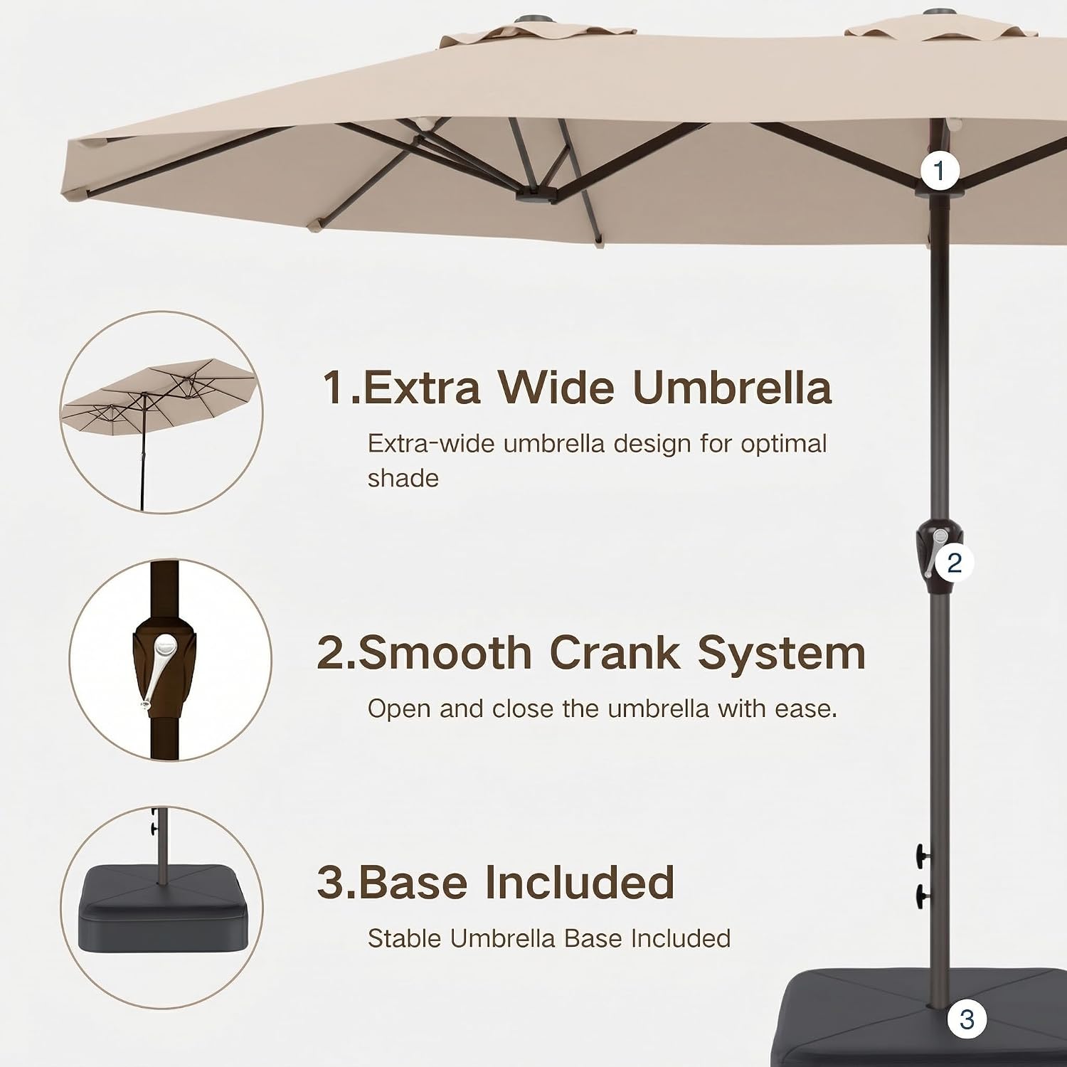 Kingdura 15ft Large Patio Umbrella with Base Included, Double-Sided Rectangle Outdoor Table Umbrella with 12 Reinforced Ribs, Crank Lift for Market Pool Deck Backyard, Beige