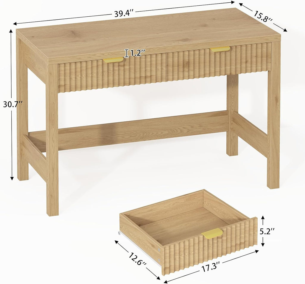 YOMILUVE Fluted Computer Desk with 2 Drawers, 39 Inch Small Computer Desk with Storage, Compact Writing Study Desk for Small Spaces
