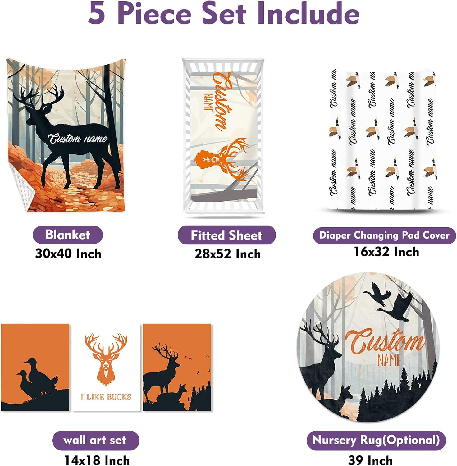 Personalized Nursery Crib Bedding Set: Orange Forest Custom Name 5 Piece Baby Crib Sets with Sika Deer Theme - Toddler Double Layer Blanket Set, Comfortable Crib Bed Sheets for Baby Grils
