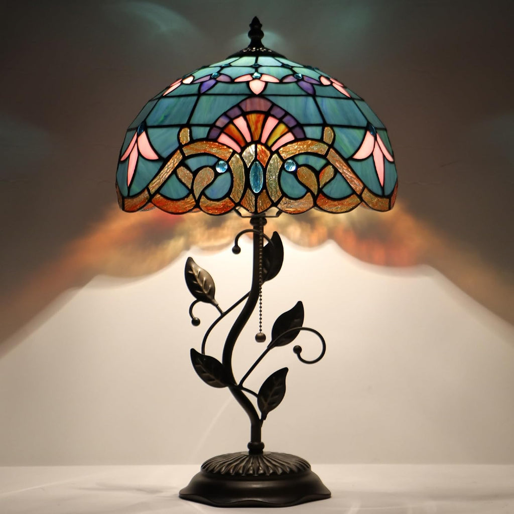 Tiffany Table Lamp Stained Glass Desk Lamp Metal Leaf Base Reading Light 12X19 Inch (Baroque Style)