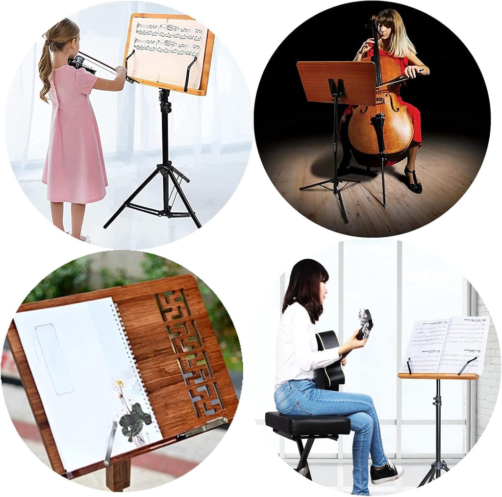 Two-in-one Dual-use Bamboo Book Stand, Music Stand With Phone Holder Microphone Holder, Violin Music Stand With Carrying Bag, Ideal As A Shelf For Picture Books Or Sheet Mu (Wood 17cm*45cm*75cm)
