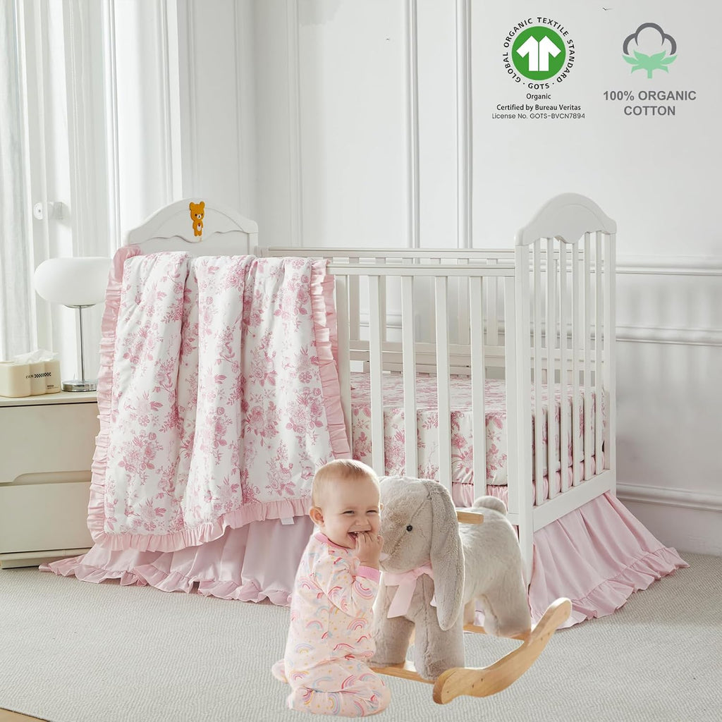 Brandream French Country Toile Crib Bedding Set for Girls Pink Grandmillennial Toile Vintage Floral Print 100% Cotton Baby Girl Nursery Bedding - Ruffles Quilt,Toile Crib Sheet,Crib Bed Skirt,3 Pieces