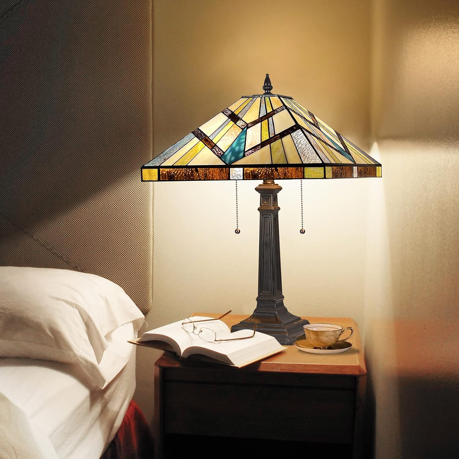 Capulina Tiffany Lamp Stained Glass Table Lamp 2-Light 16 Inches Wide Cream Amber Antique Mission Style Desk Lamp for Bedrooms Living Room Study Home Office