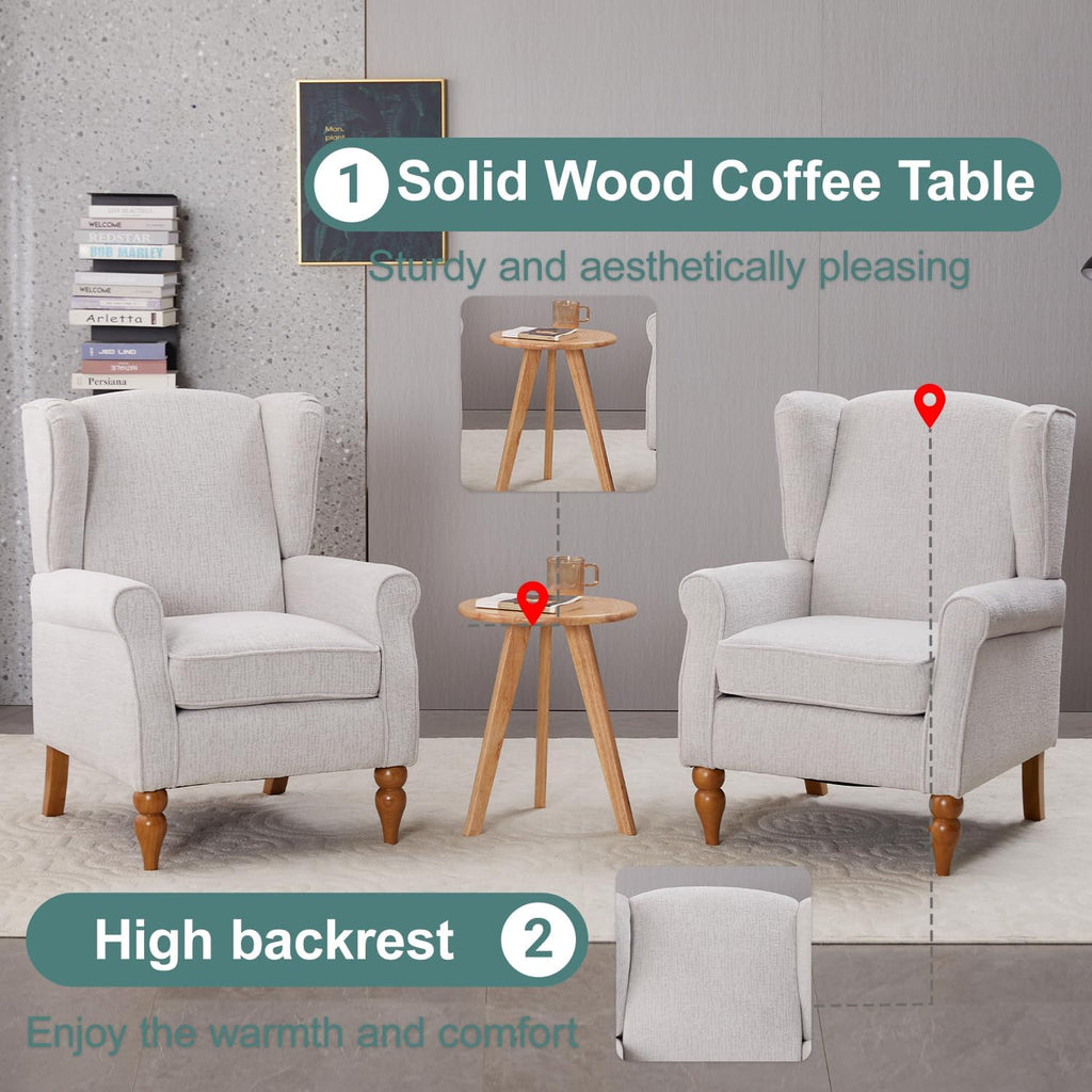 Mid-Century High Wingback Chair Set of 3,Modern Fabric Accent Chair Armchair with Solid Wood Coffee Table,Leisure Single Sofa Chair for Living Room,Club,Home Reception,Beige