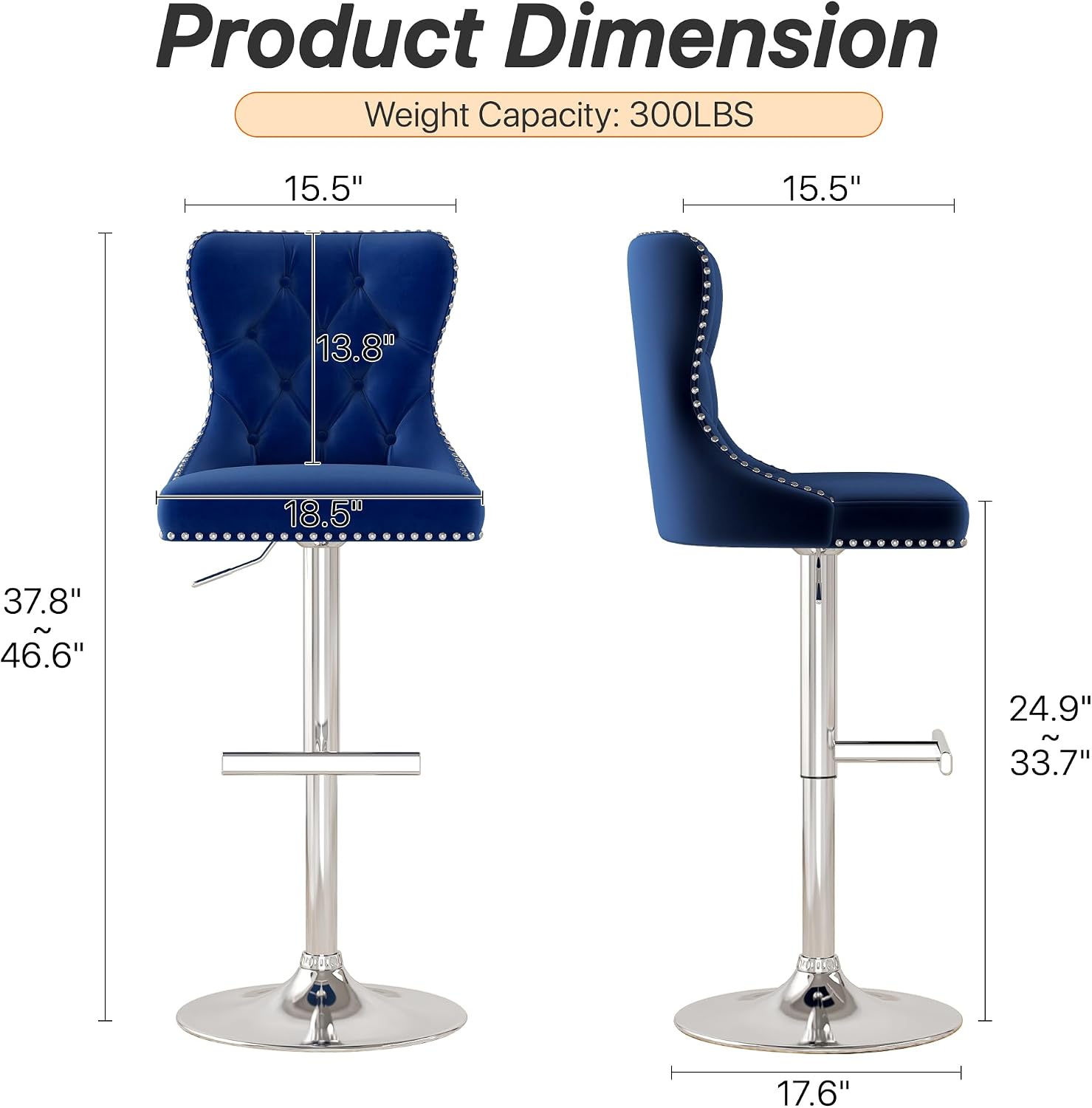 Bar Stools Set of 4, Velvet Swivel Counter Height Stools with Tufted Back, Adjustable Seat with Nailheads Trim, Upholstered Bar Chairs with Steel Base for Kitchen Island, Pub, Blue