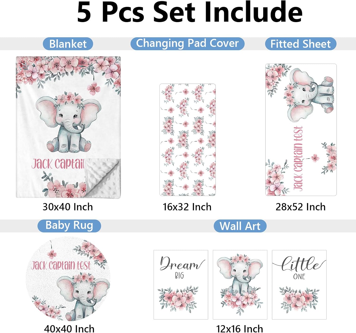 KAINSY Personalized Nursery Bedding Set, 5 Pcs Custom Crib Sets, Soft Baby Girl Set with Name, Double Layer Elephant Infant Bedding Set Customized Gifts for Toddlers