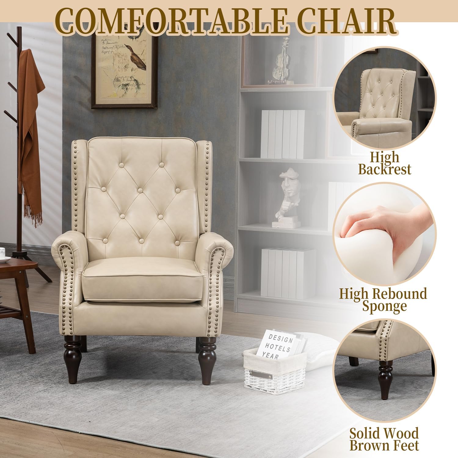 Mid-Century High Wingback Chair Set of 2,Faux Leather Accent Chair Armchair with Buttons,Modern Living Room Chairs with Rivet Decoration,Leisure Single Sofa Chair for Bedroom,Home Reception,Camel