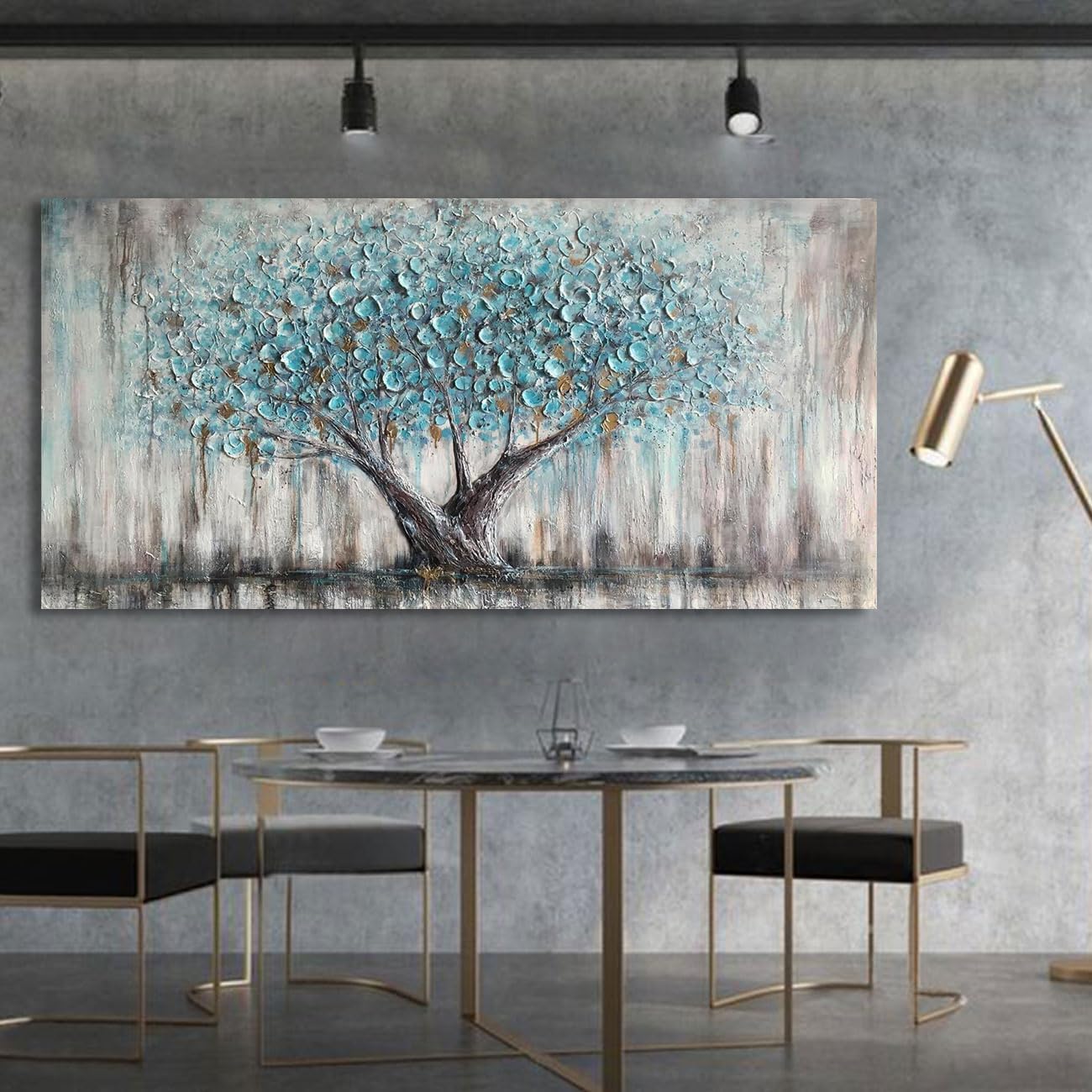 Arjun Tree Wall Art Canvas for Living Room Blue Tree of Life Nature Teal Abstract Textured Painting Picture Modern Panoramic Landscape Artwork Framed Bedroom Home Office Decor, Extra Large 58'x29'