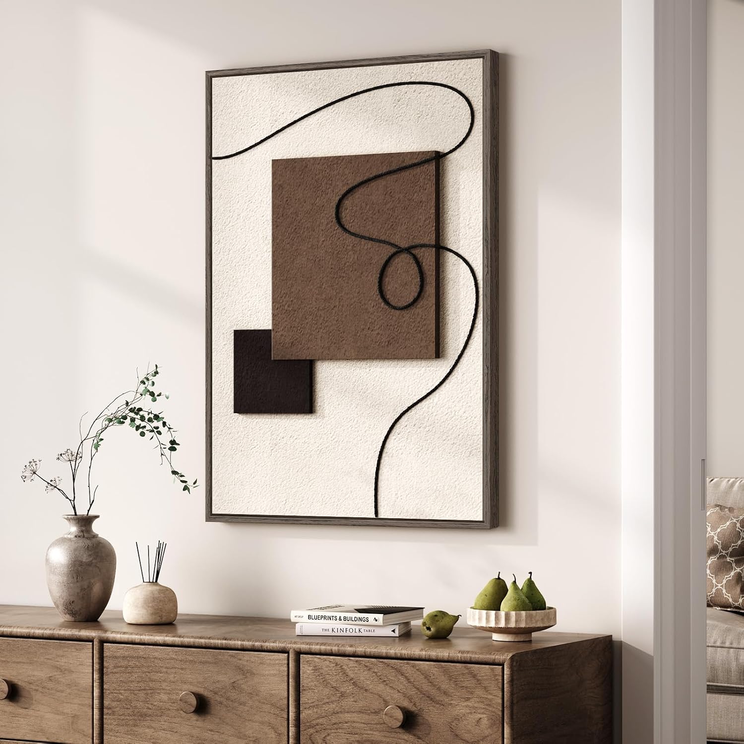 3D Textured Framed Neutral Abstract Wall Art, Modern Beige and Brown Block and Rope Paintings Artwork for Walls, Minimalist Pictures for Living Room Dining Room Bedroom Entryway Wall Decor 24x36 In
