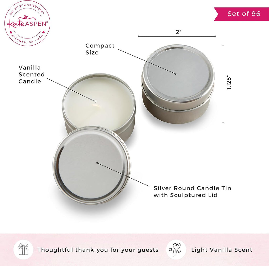 Kate Aspen Travel Size Vanilla Scented Candle Tins with Lids - Set of 96 Mini Candles Bulk - Wedding Favors for Guests, Bridal Shower Gifts, Party Favors Adults, Bridesmaids Gifts
