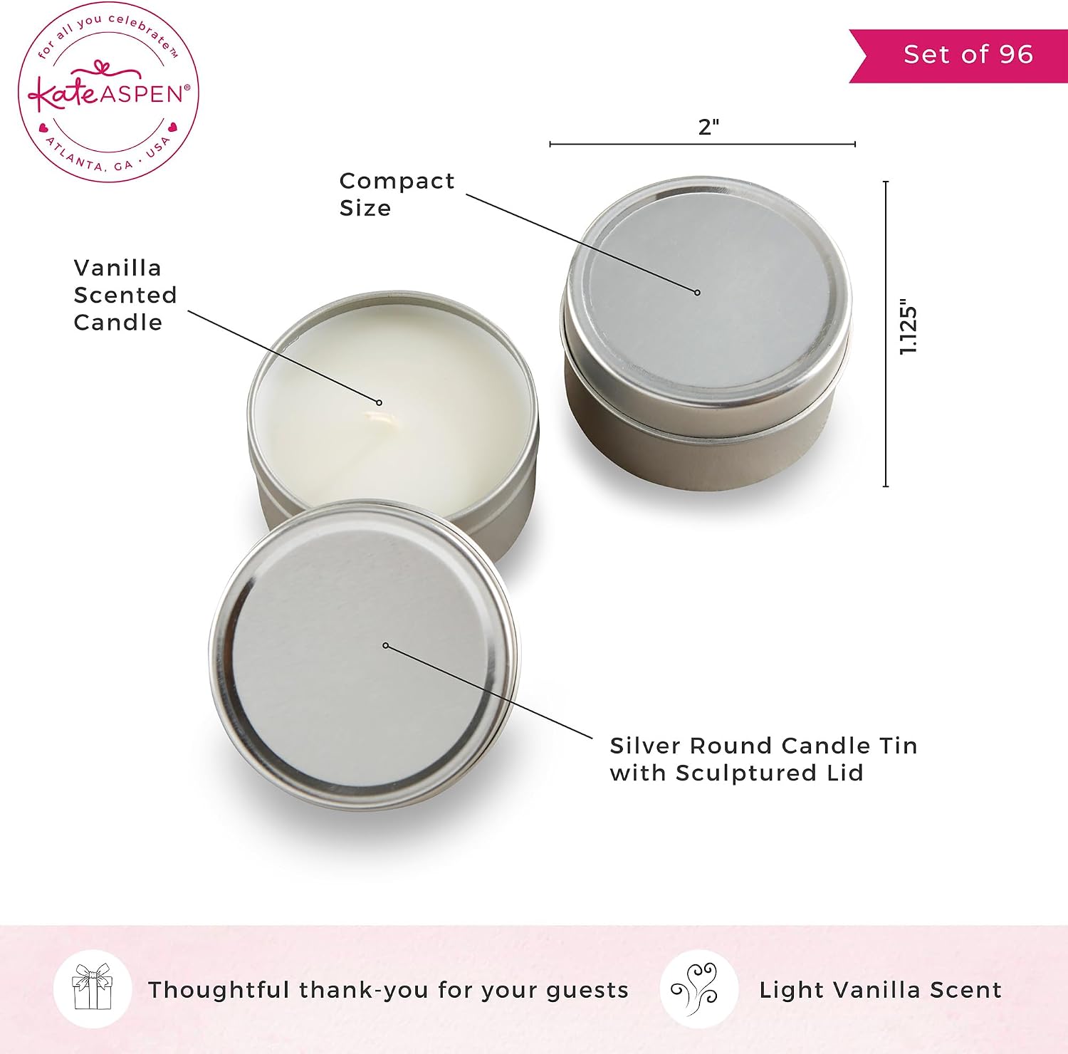 Kate Aspen Travel Size Vanilla Scented Candle Tins with Lids - Set of 96 Mini Candles Bulk - Wedding Favors for Guests, Bridal Shower Gifts, Party Favors Adults, Bridesmaids Gifts
