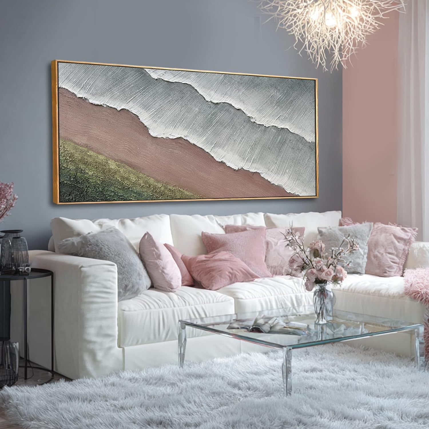 SHEYOYE Grey Blue and Taupe Abstract Mountain Canvas Wall Art with Olive Green Hills, 32x71 Large Textured Landscape Decor in Wooden Frame for Living Room Bedroom Entryway