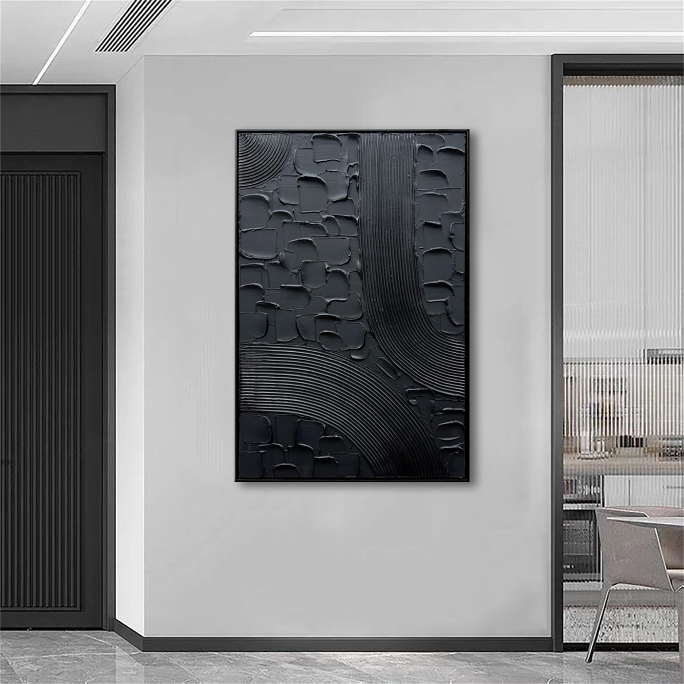 Slyart Black Textured Abstract Wall Art, Hand Painted Contemporary Minimalist Art Oil Painting, 24'x36' Framed Thick Texture Canvas Home Wall Art