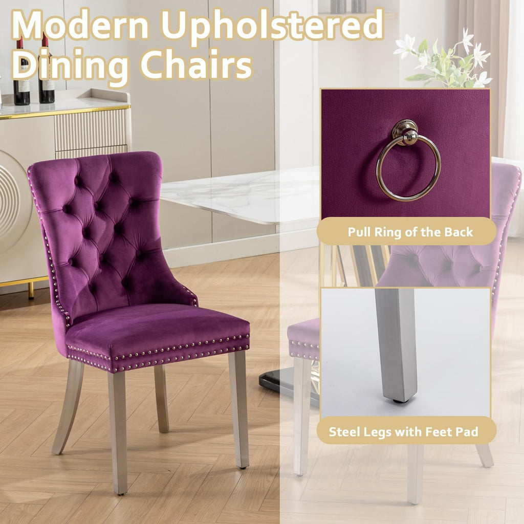 2 Piece Contemporary Velvet Upholstered Dining Chair with Chrome Stainless Steel Plating Legs, Nail Head Decro, Armless Tufted Dining Chair Fabric Dining Room Chair (Purple&Silver, Set of 2)