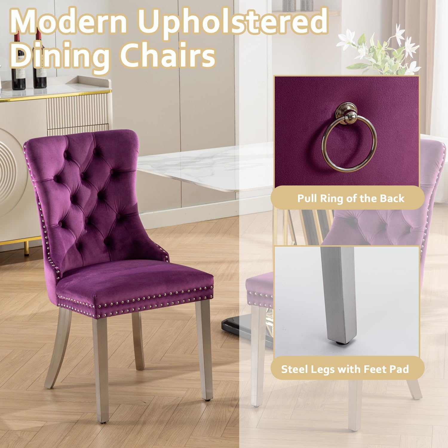 2 Piece Contemporary Velvet Upholstered Dining Chair with Chrome Stainless Steel Plating Legs, Nail Head Decro, Armless Tufted Dining Chair Fabric Dining Room Chair (Purple&Silver, Set of 2)