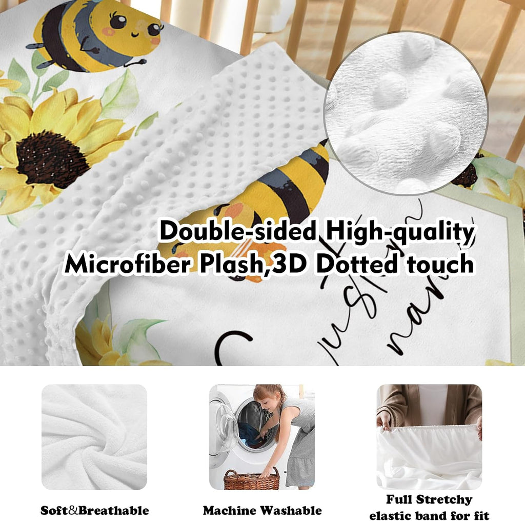 Personalized Baby Crib Bedding Set for Baby Girls, Yellow Bee Pattern Custom Name Baby Crib Sets 5-Pcs, Toddler Double Layer Blanket Fitted Sheets Changing Pad Cover Rug Wall Art Set