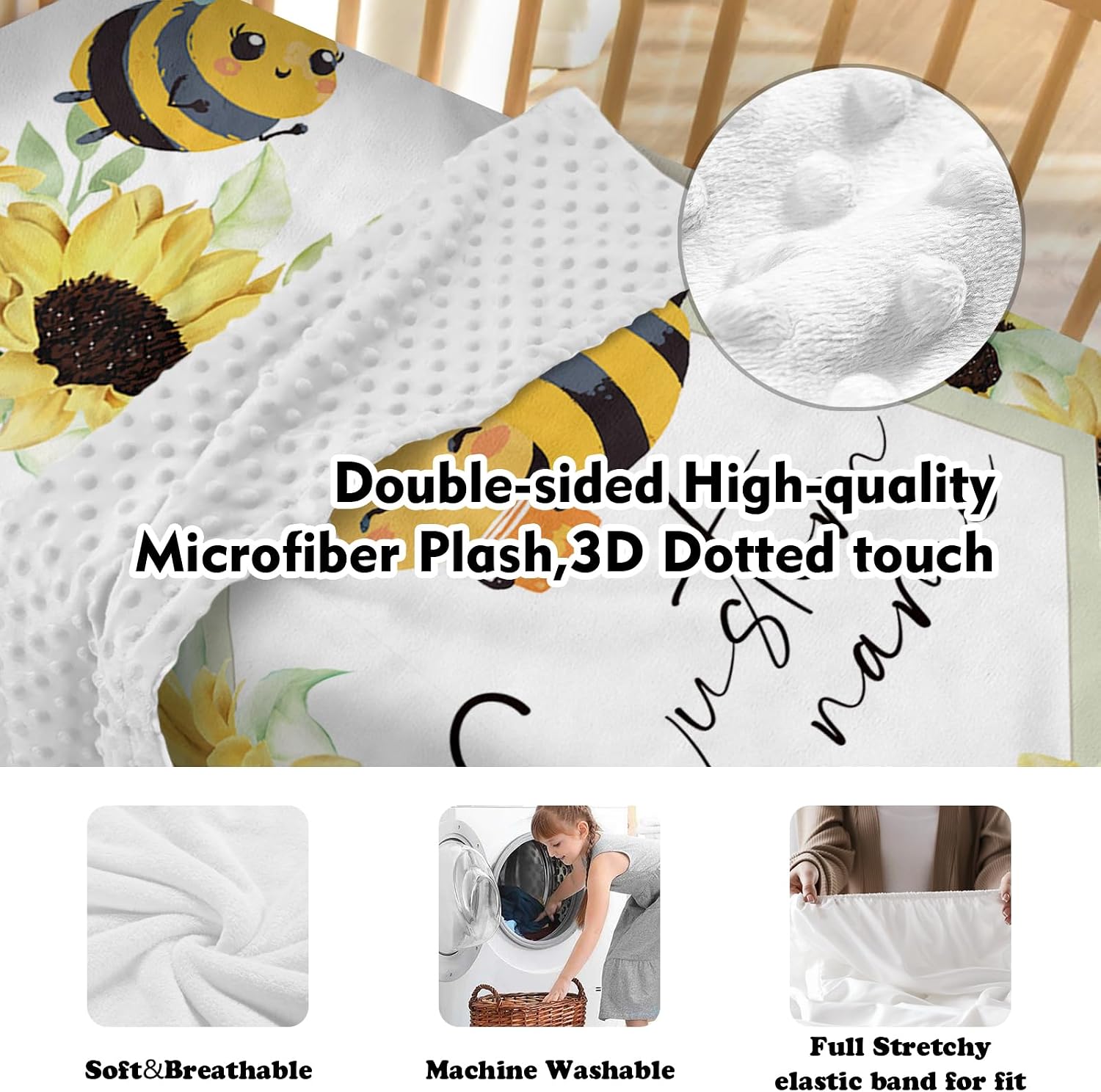 Personalized Baby Crib Bedding Set for Baby Girls, Yellow Bee Pattern Custom Name Baby Crib Sets 5-Pcs, Toddler Double Layer Blanket Fitted Sheets Changing Pad Cover Rug Wall Art Set