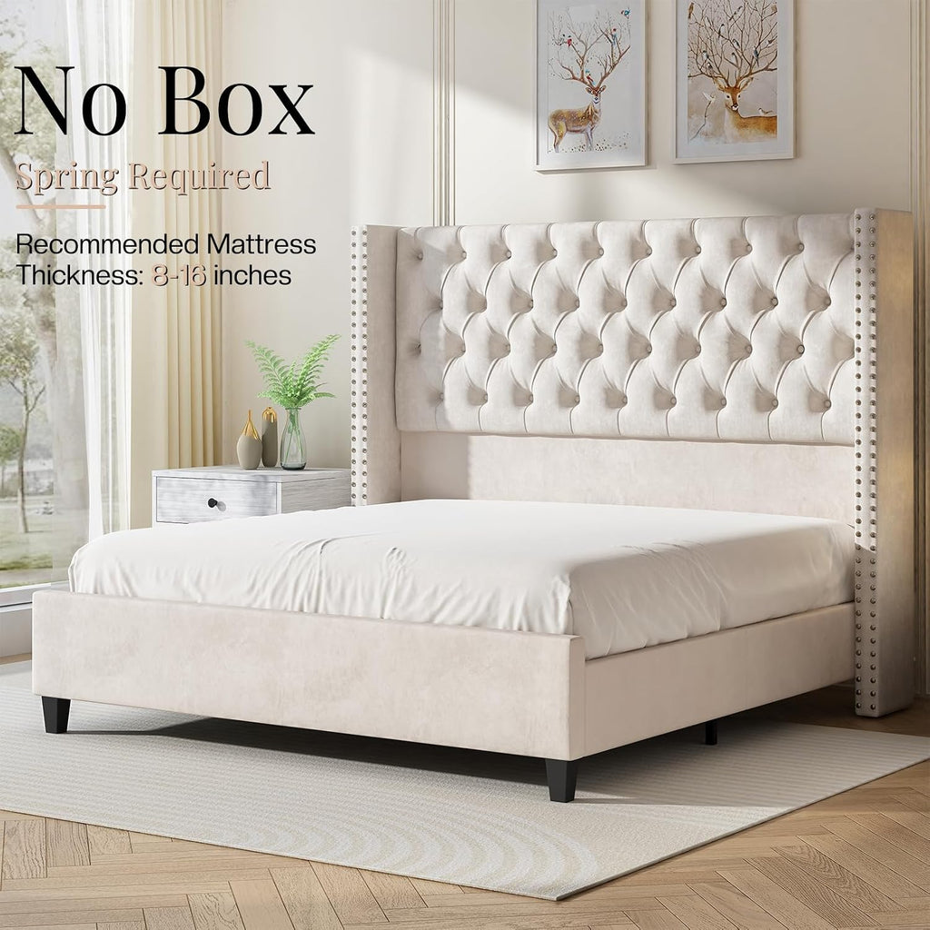 Jocisland King Size Bed Frame Velvet Upholstered Platform Bed with 51.6' Tall Wingback Headboard Deep Button Tufted, No Box Spring Needed, Cream