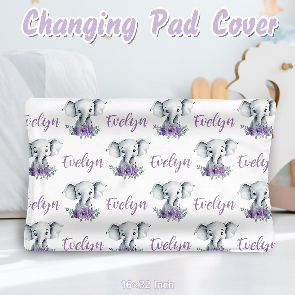 Personalized Baby Crib Bedding Set, 5 Pcs Custom Name Nursery Bedding Set for Girls Boys, Purple Elephant Baby Crib Set for Toddlers Infants, Double Layer Bedding Crib Sets Customized Gifts
