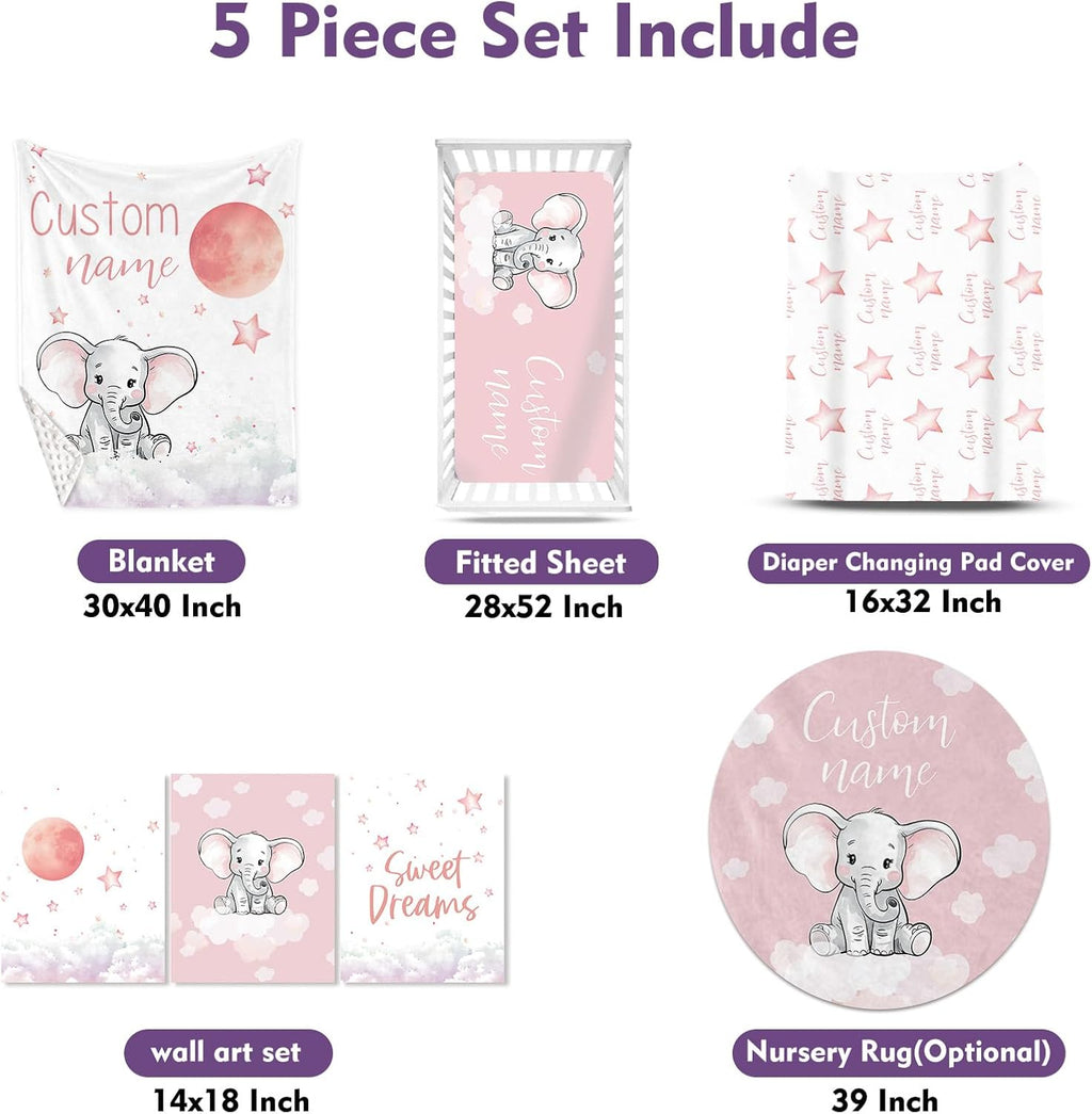 TOOTANN Custom Baby Crib Bedding Set, 5 Pcs Personalized Name Baby Crib Sheets for Kid Toddler Infant, Pink Background Little Elephant Nursery Bedding Set