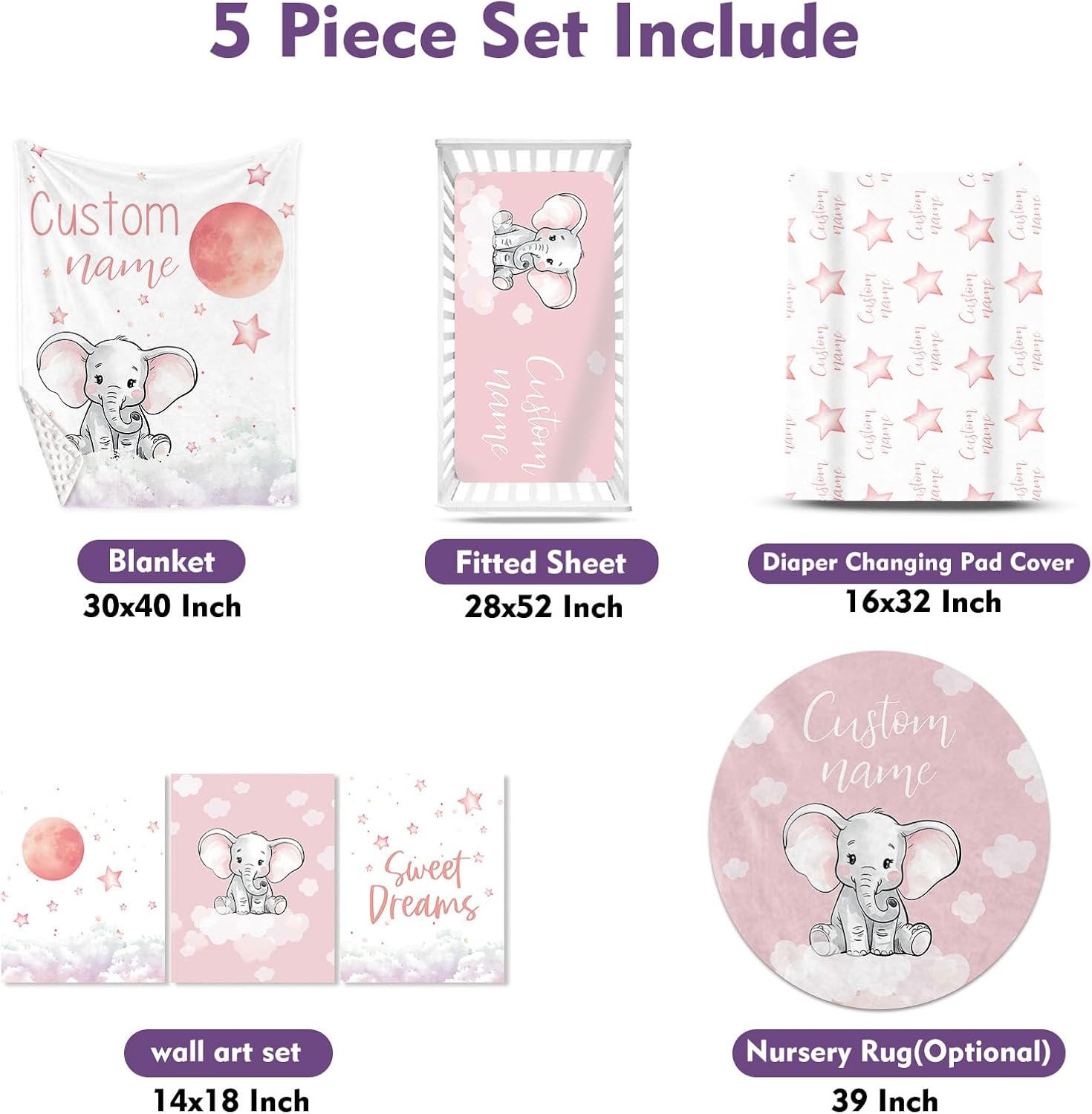 TOOTANN Custom Baby Crib Bedding Set, 5 Pcs Personalized Name Baby Crib Sheets for Kid Toddler Infant, Pink Background Little Elephant Nursery Bedding Set