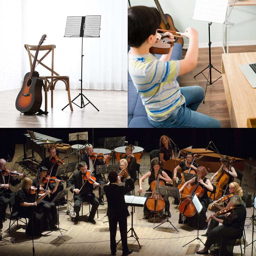 Portable Music Stand, Folding Sheet Music Stand with Microphone Stand & Carrying Bag, Height Adjustable, Non-Slip, Metal Tripod, for Guitar, Violin, Ukulele, Drums, for Laptop