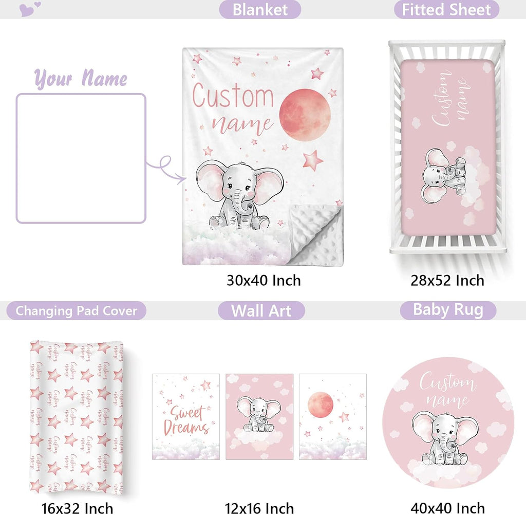 Personalized Baby Crib Bedding Set, 5 Pcs Custom Name Nursery Bedding Set for Girls Boys, Cute Elephant Baby Crib Set for Toddlers Infants, Double Layer Bedding Crib Sets Customized Gifts
