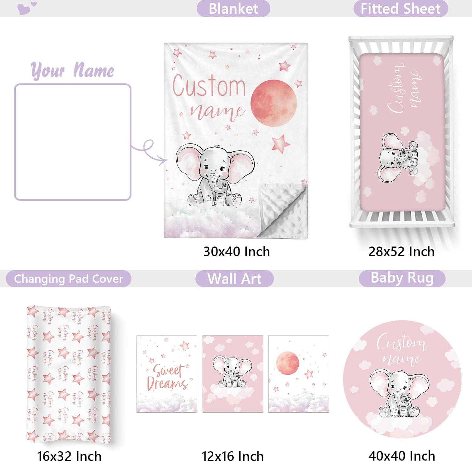 Personalized Baby Crib Bedding Set, 5 Pcs Custom Name Nursery Bedding Set for Girls Boys, Cute Elephant Baby Crib Set for Toddlers Infants, Double Layer Bedding Crib Sets Customized Gifts