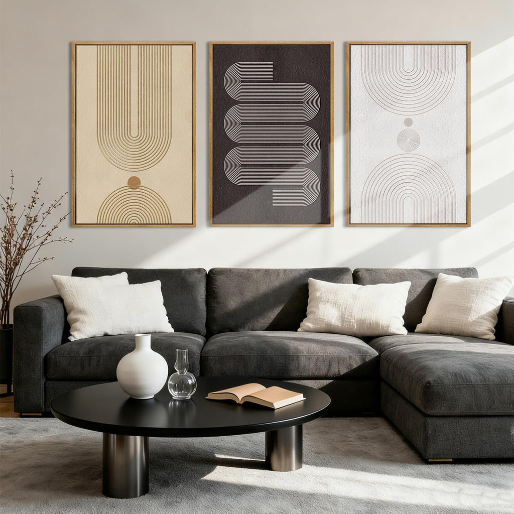 Anyzal Extra Large Modern Neutral Framed Wall Art 24x36 Inch Black Abstract Canvas Wall Decor Beige Boho Geometric Artwork for Living Room Bedroom Dining Room Set of 3