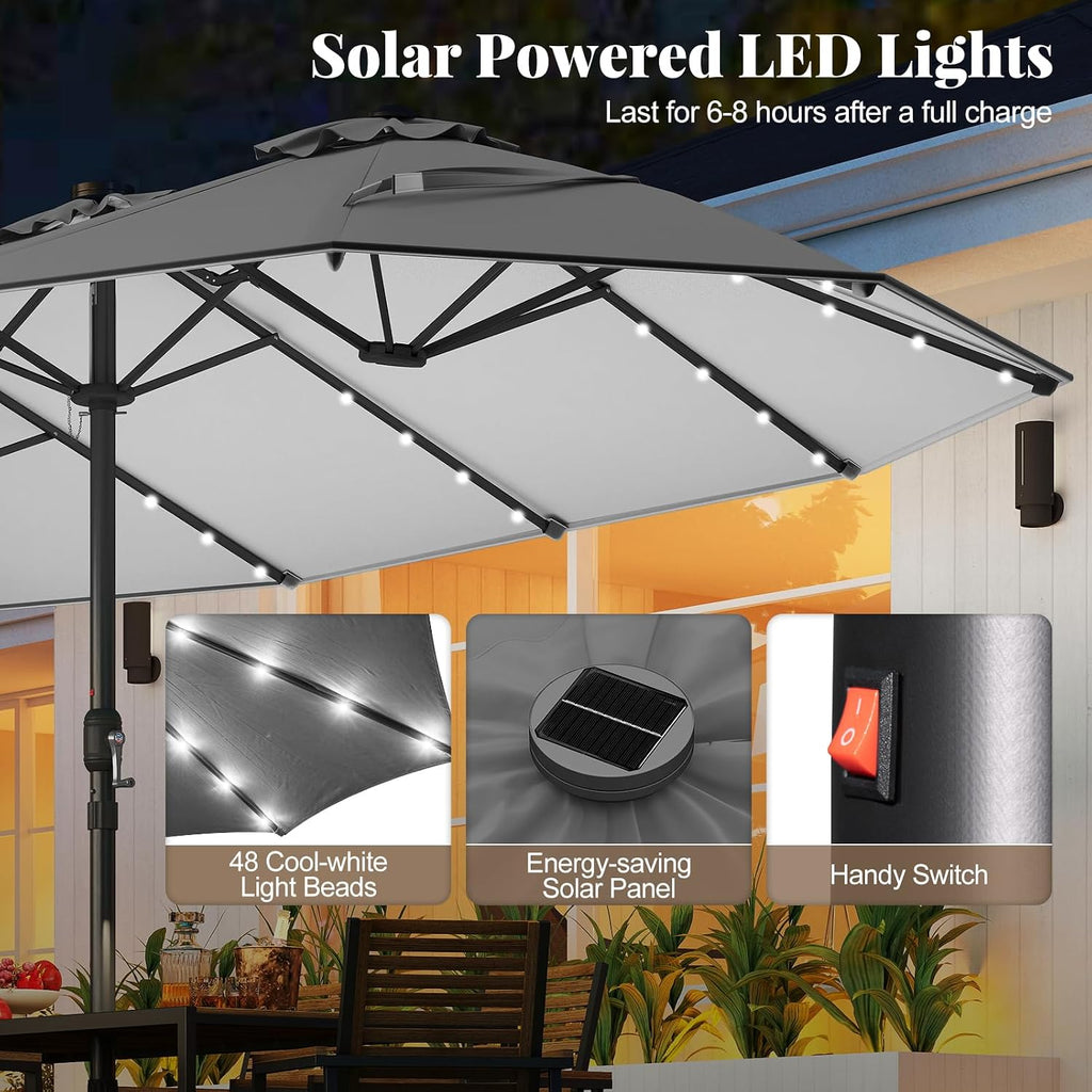 Tangkula 15FT Double-Sided Solar Patio Umbrella, Extra-Large Outdoor Twin Umbrella with 48 LED Lights, Vented Top, Crank Handle, 12 Ribs, Weighted Base Included for Backyard Poolside Deck (Gray)