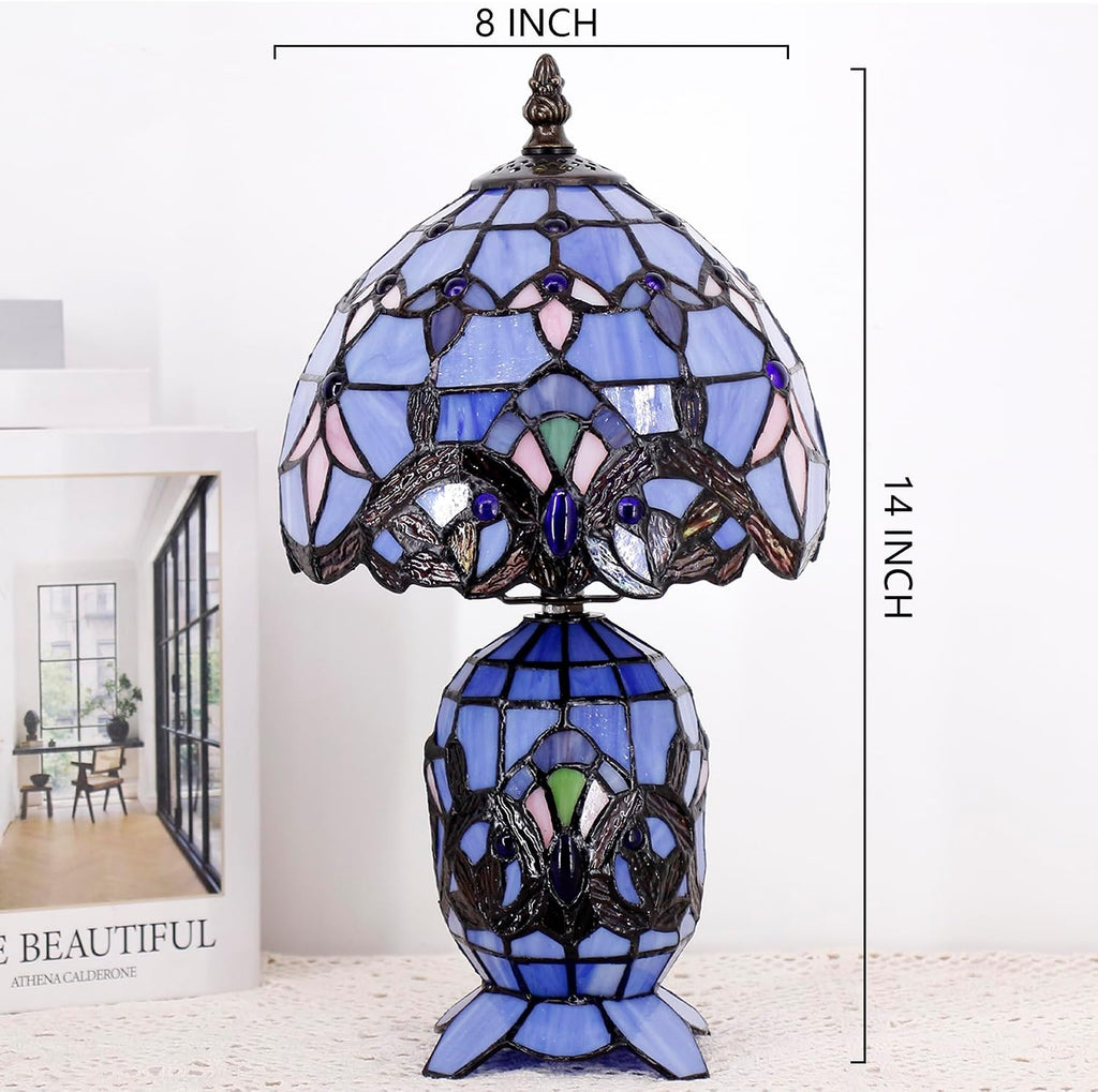 Small Tiffany Lamp Stained Glass Table Lamp Mini Mother Daughter Vase Desk Accent Light for Bedroom Bedside Reading Home Antique Style Decor 8X14 Inches (Blue Baroque)