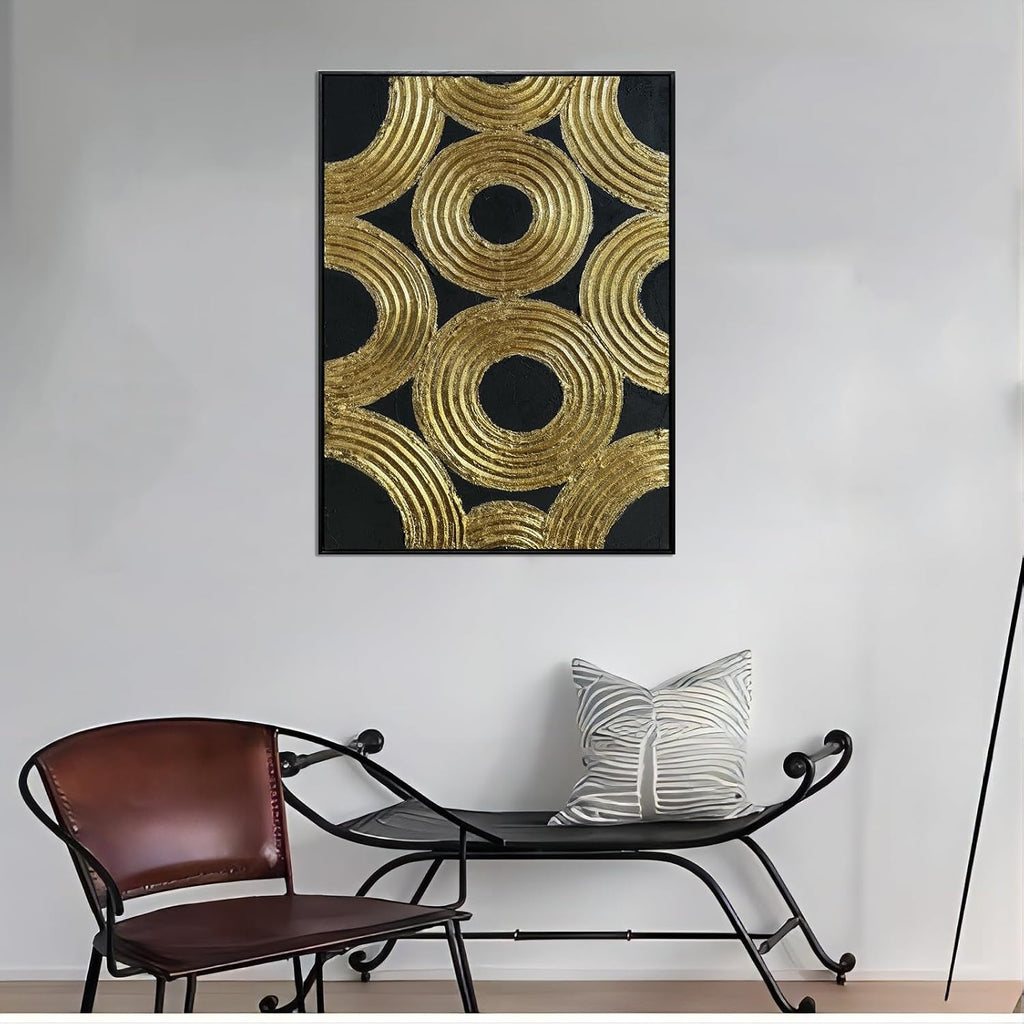 Boiee Art,24x36Inch Hand Painted Abstract Geometric Circle Oil Painting Gloden Textures Black Wall Decor Minimalist Wall Art Framed Acrylic Artwork for Living Room