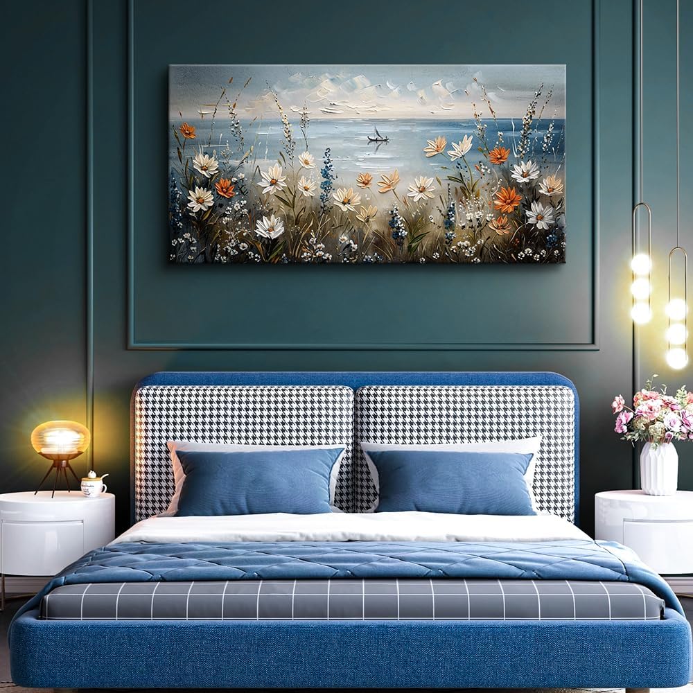 MHARTK66 Wall Art for Living Room Large Beach Painting Ocean Wildflower Canvas Artwork Framed Coastal Landscape Artwork Seascape Nature Rustic Picture for Office Bedroom Home Wall Decor 60x30in