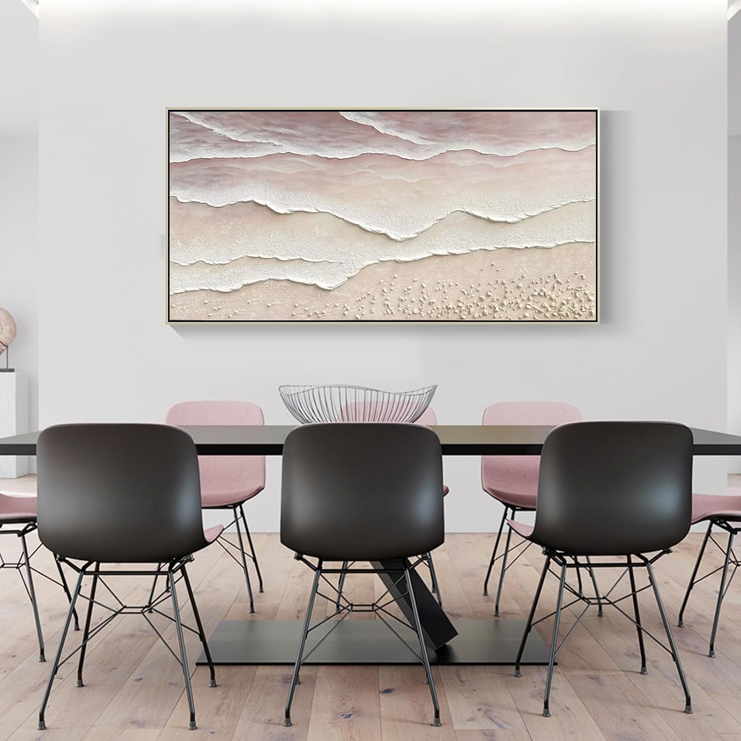 Beach Wave Textured Wall Art - Hand Painted Abstract Wall Painting for Living Room Framed Artwork 60x30 Horizontal Canvas Extra Large Plaster Wall Decor