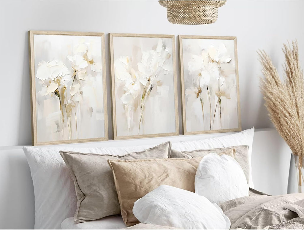 Neutral Wall Art Abstract Floral Canvas Pictures Beige Flower Wall Decor Modern Painting Minimalist Poster Abstract Botanical Prints White Artwork for Bedroom Living Room 24x36x3 Inch Wood Framed