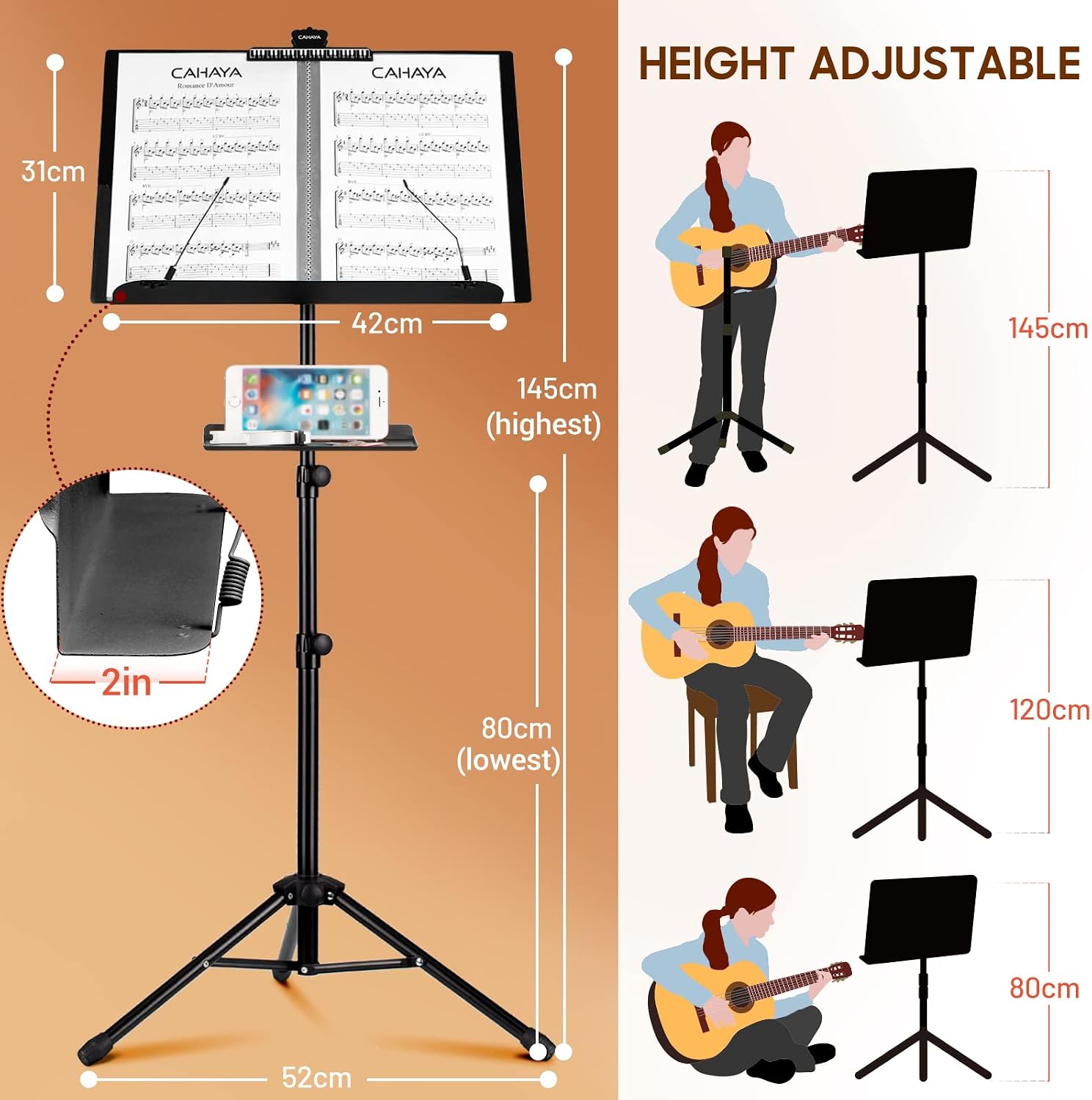 CAHAYA - Dual Use Sheet Music Stand with Holding Tray and Desktop Book Holder, Sheet Music Folder, Projector Stand for Guitar, Ukulele, Violin Players