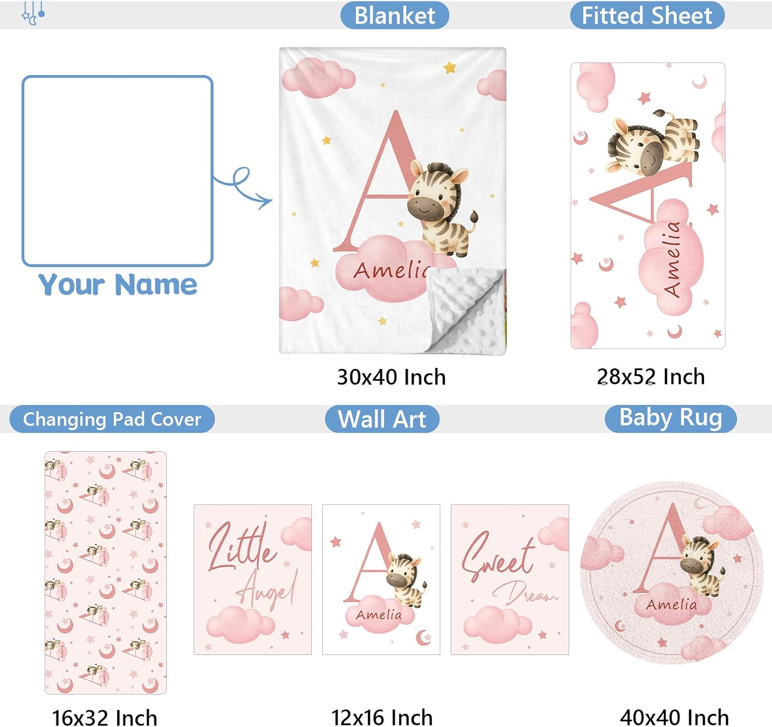 KAINSY Custom Crib Bedding Set, 5 Pcs Personalized Name Monogram Baby Crib Sets for Infants Toddlers, Pink Zebra Nursery Bedding Set for Boys Girls, Double Layer Baby Bedding Sets Customized Gifts