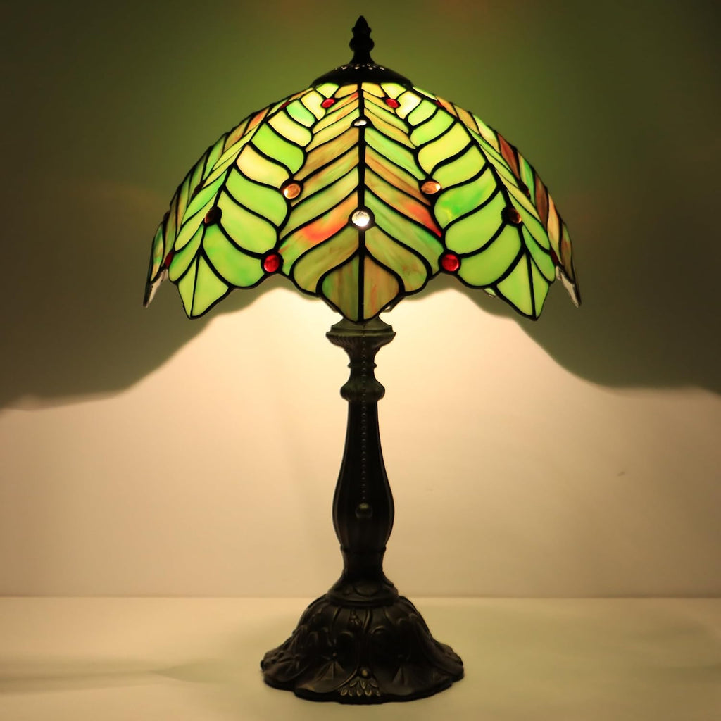 Tiffany Lamp Stained Glass Table Lamp Bedside Reading Light W12H19 Inches (Brown Green Leaf)