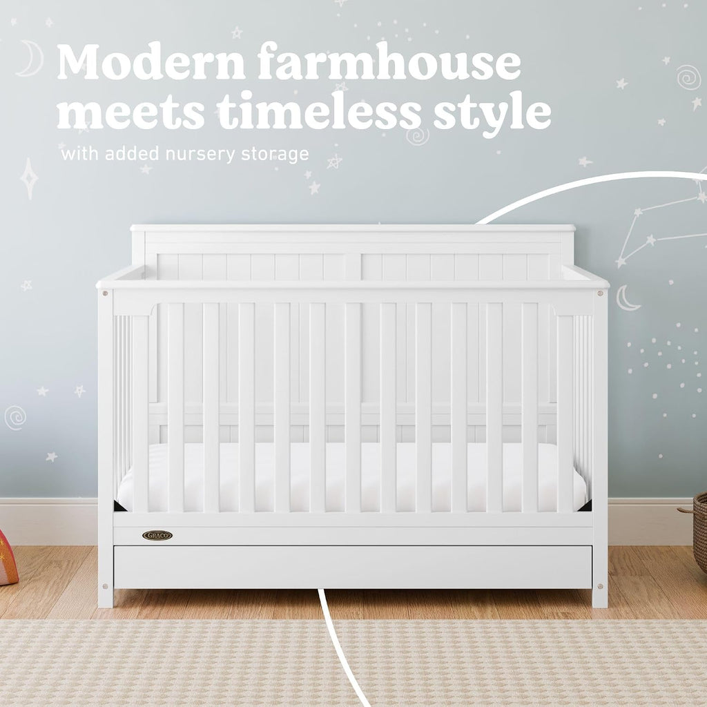 Graco Hadley 5-in-1 Convertible Crib with Drawer – GREENGUARD Gold Certified, Fits Standard Crib Mattress, Converts to Toddler Bed, Daybed and Full Bed, 4 Adjustable Mattress Heights (White)