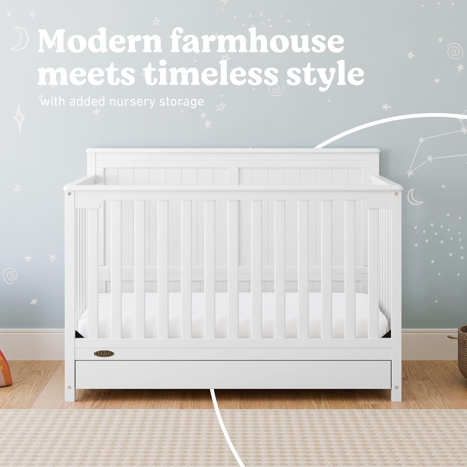 Graco Hadley 5-in-1 Convertible Crib with Drawer – GREENGUARD Gold Certified, Fits Standard Crib Mattress, Converts to Toddler Bed, Daybed and Full Bed, 4 Adjustable Mattress Heights (White)