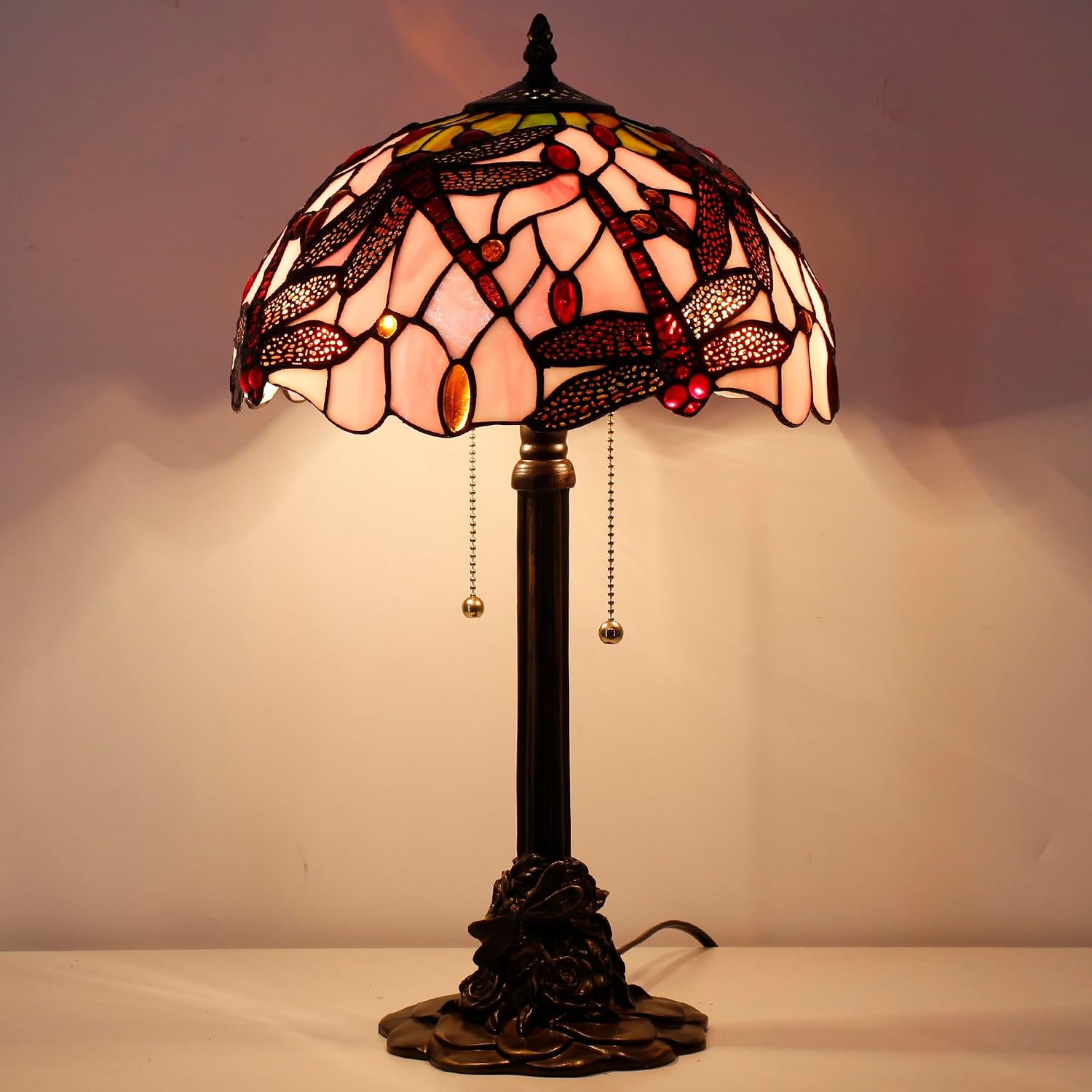 Tiffany Table Lamp Stained Glass Desk Lamp 12X12X21Inch Resin Base for Bedroom Living Room Reading Light (Pink Dragonfly)
