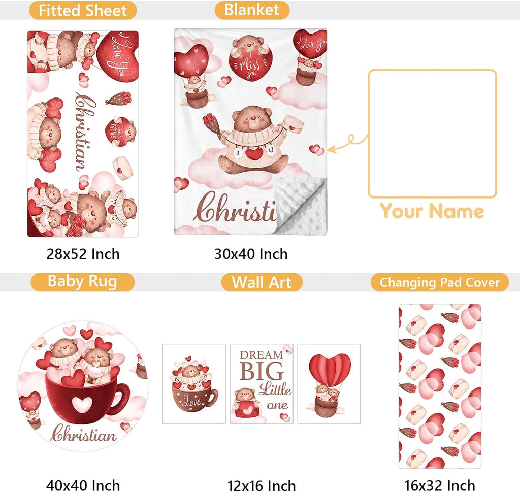 Terwex Custom Crib Bedding Set, 5 Pcs Personalized Name Nursery Bedding Set with Double Layer Flannel Blanket, Heart & Bear Baby Crib Set for Girls Boys, Customized Gifts for Infants Babies Toddlers